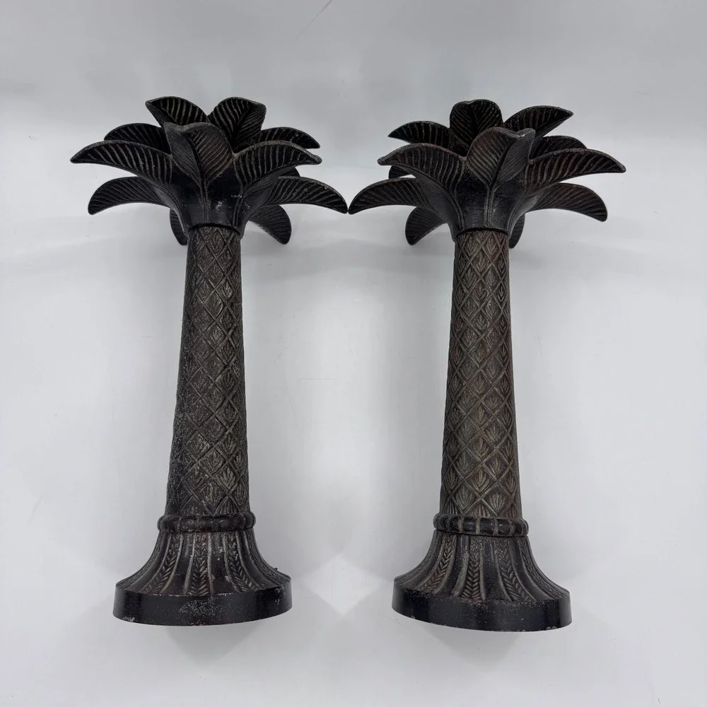 Vintage Iron Palm Tree Candle Holders Pair 15